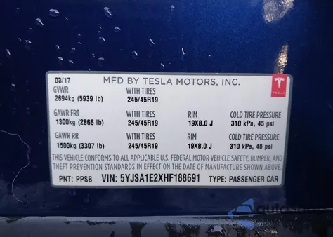 2017 Tesla Model S 100D/60D/75D/90D/P100D z USA, uszkodzony, nr VIN 5YJSA1E2XHF188691